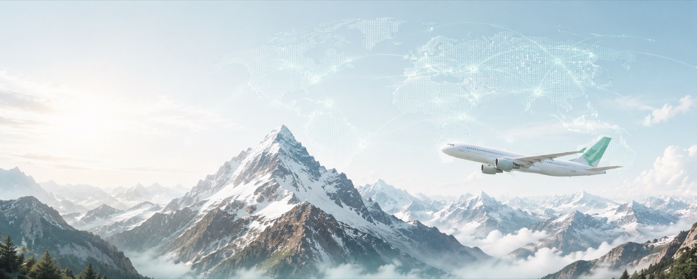 Berglandschaft mit Flugzeug und stilisiertem Globus – Bergfrieden Consulting
